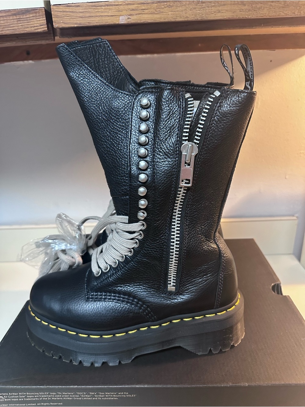 Dr. Martens Black Leather Platform Lace-Up Boots with Yellow Stitching - Picture 3 of 8